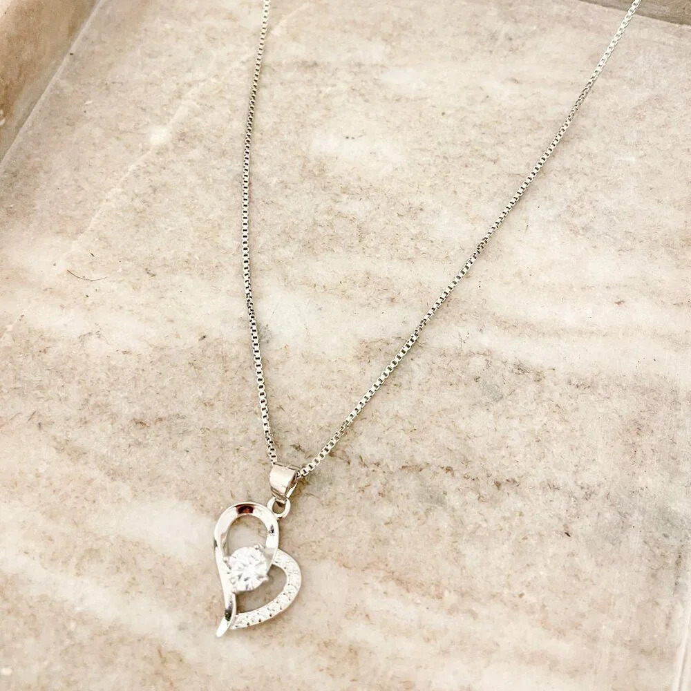 925 Sterling Silver Heart Diamond Necklace Heart Pendant Necklace Box Chain